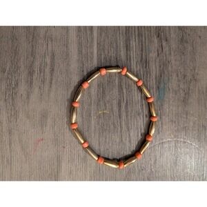 Gold Tone Tube and Coral Pink Seed Bead Elastic Stretch Bracelet Boho Minimalist